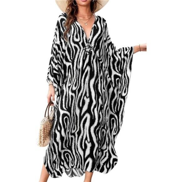 Kaftan Dresses for Women V-Neck Batwing Sleeves Swimsuit Beach Cover Ups Tie - Picture 1 of 6